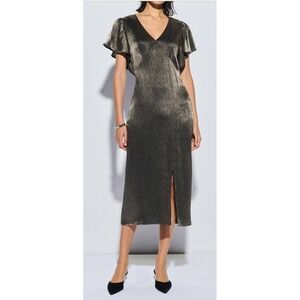Nation LA NWT Pamela Grafite Foil Flatter Sleeves Elegant Midi Dress sz M